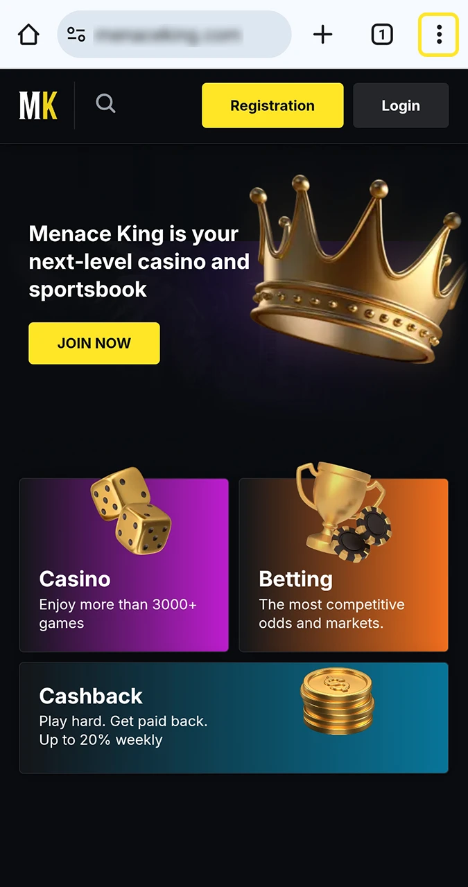 Open your browser menu to do an instant install of the Menace King app.