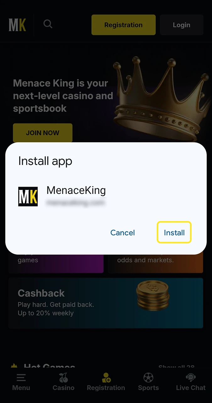 Install the Menace King app and go to the slots or sports betting section.