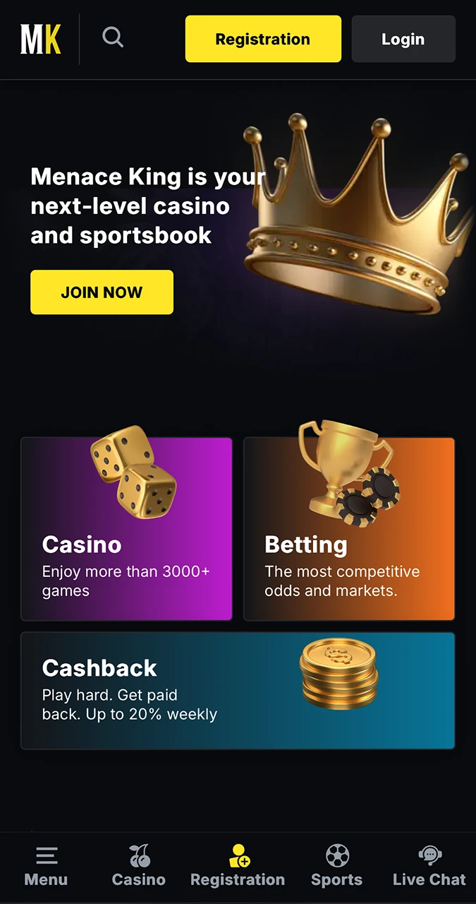 The Menace King casino site shows high performance and loading speeds.