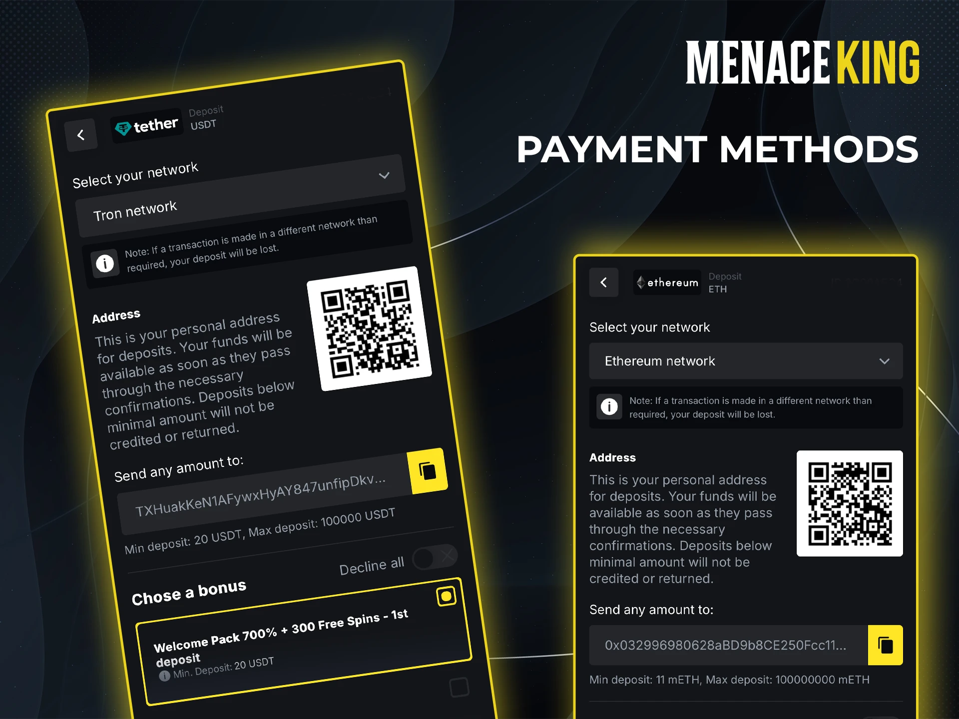 Check out the available deposit methods on the Menace King app.