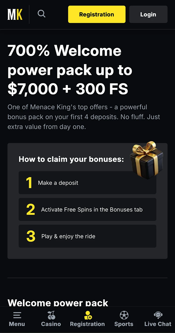 Bonus page from Menace King Casino.