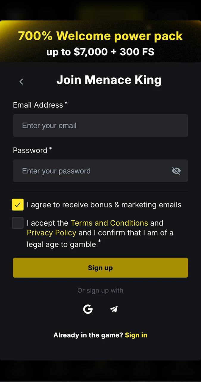Menace King Casino registration form.