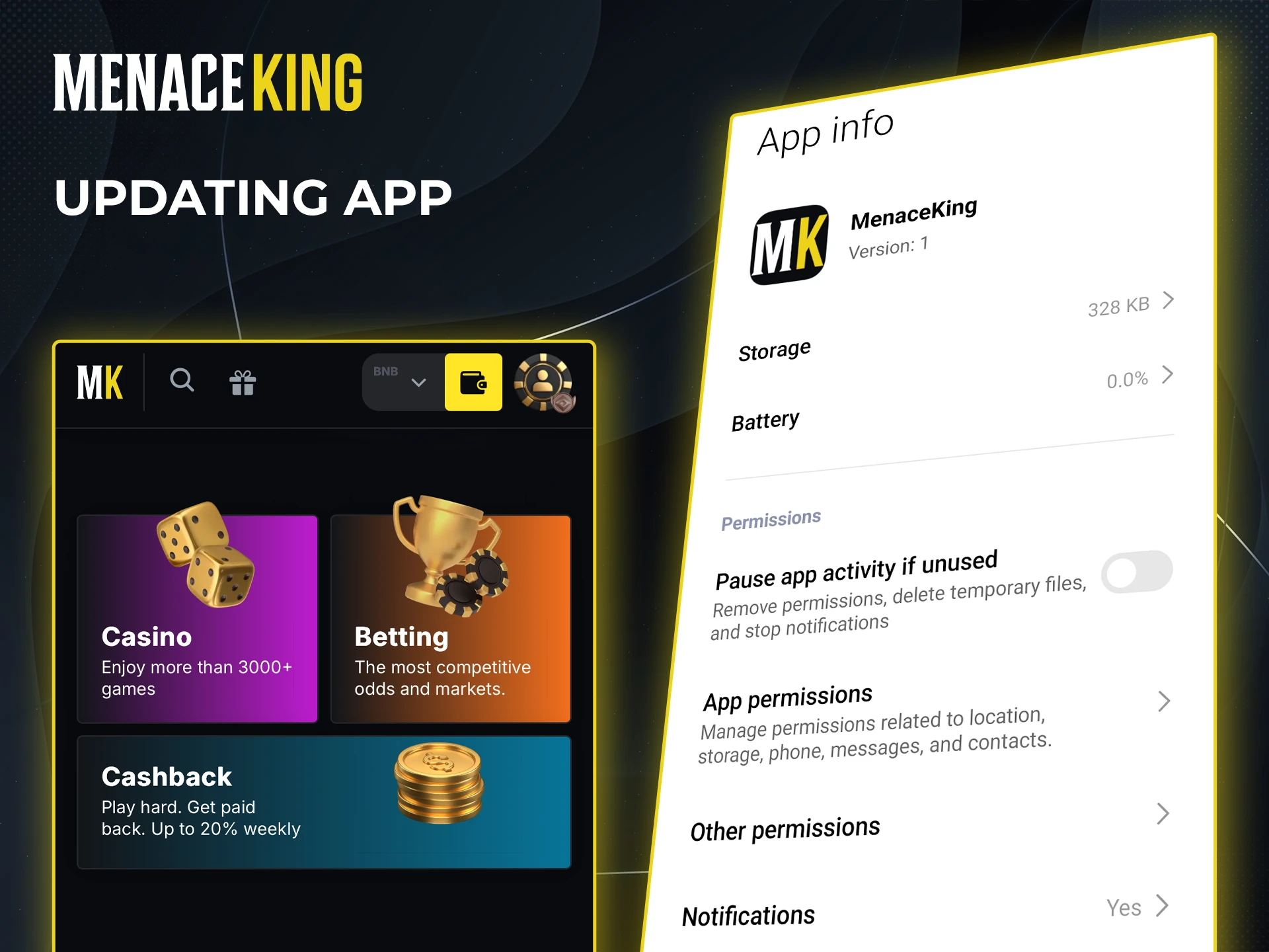 Update the Menace King app to keep up to date with the latest casino news and promotions.