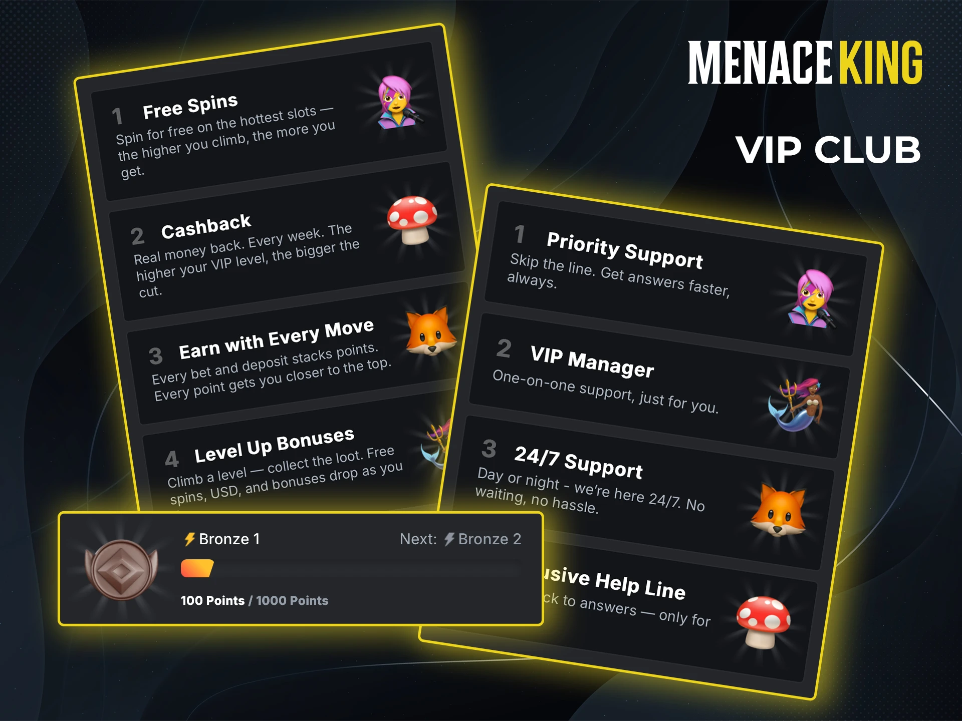 Get the information you need about the main features of the whip club at Menace King Casino.
