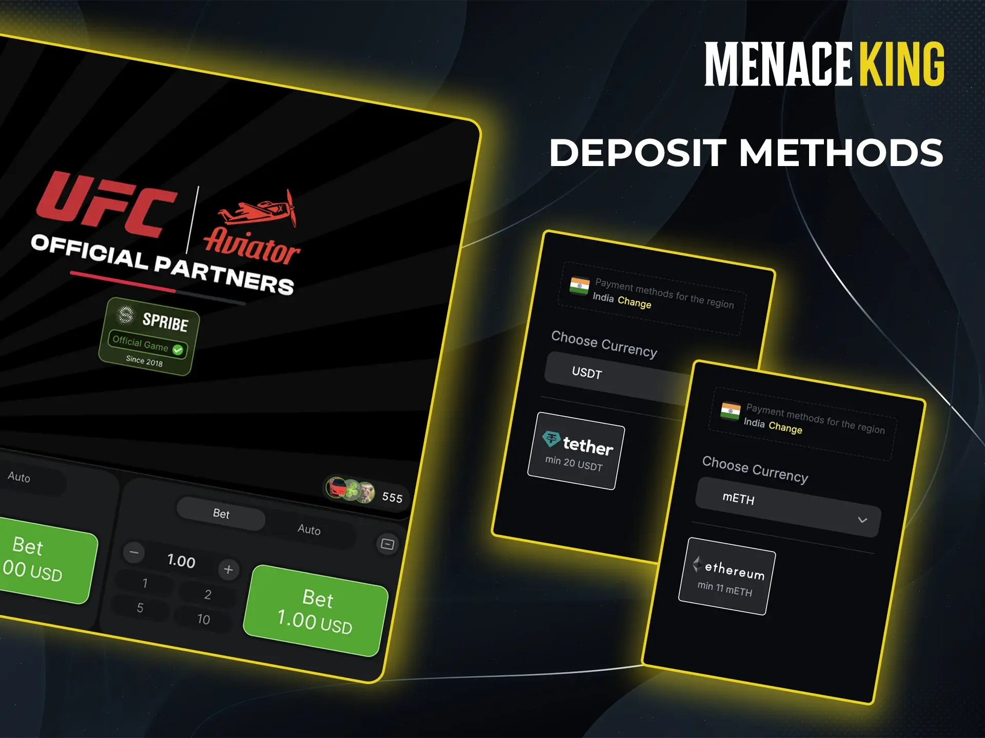 Available top up methods for the Aviator game on the Menace King website.