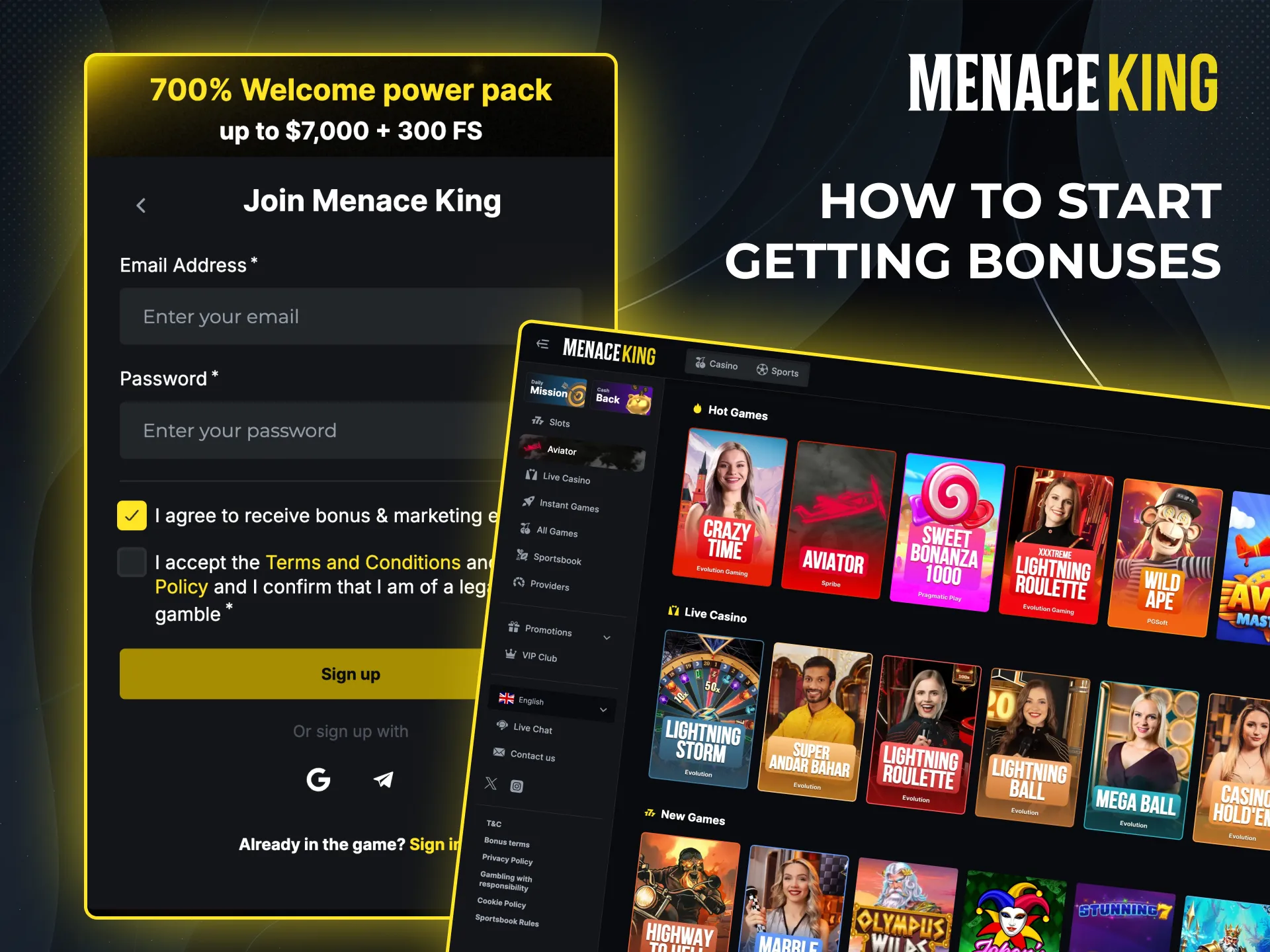 Menace King bonus guide: register, confirm email, deposit, and activate.