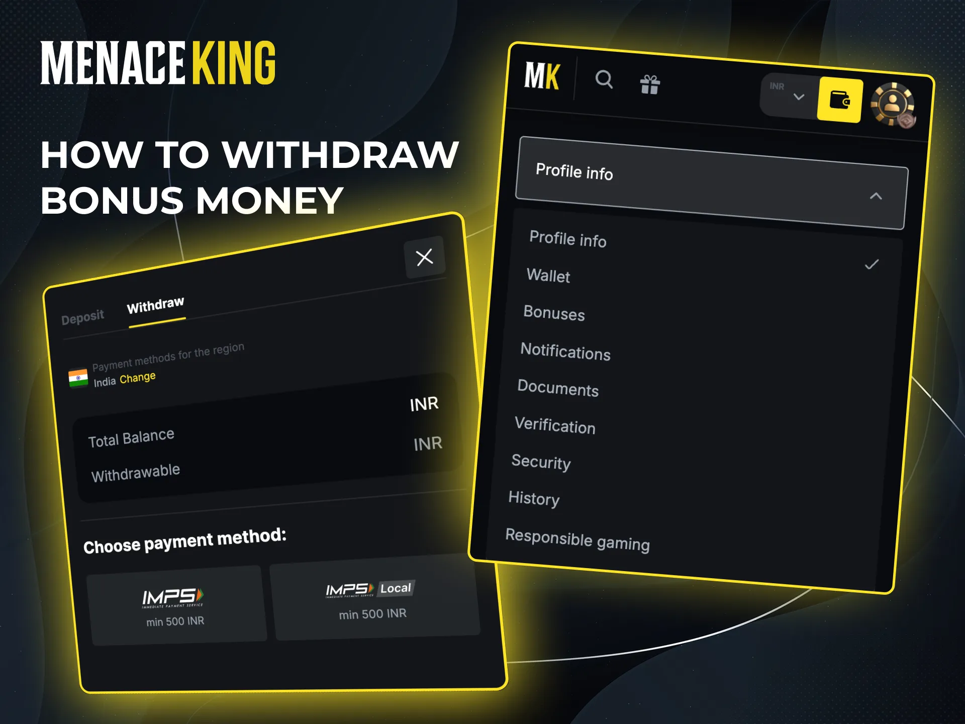 Withdraw bonus winnings from Menace King after meeting all requirements.