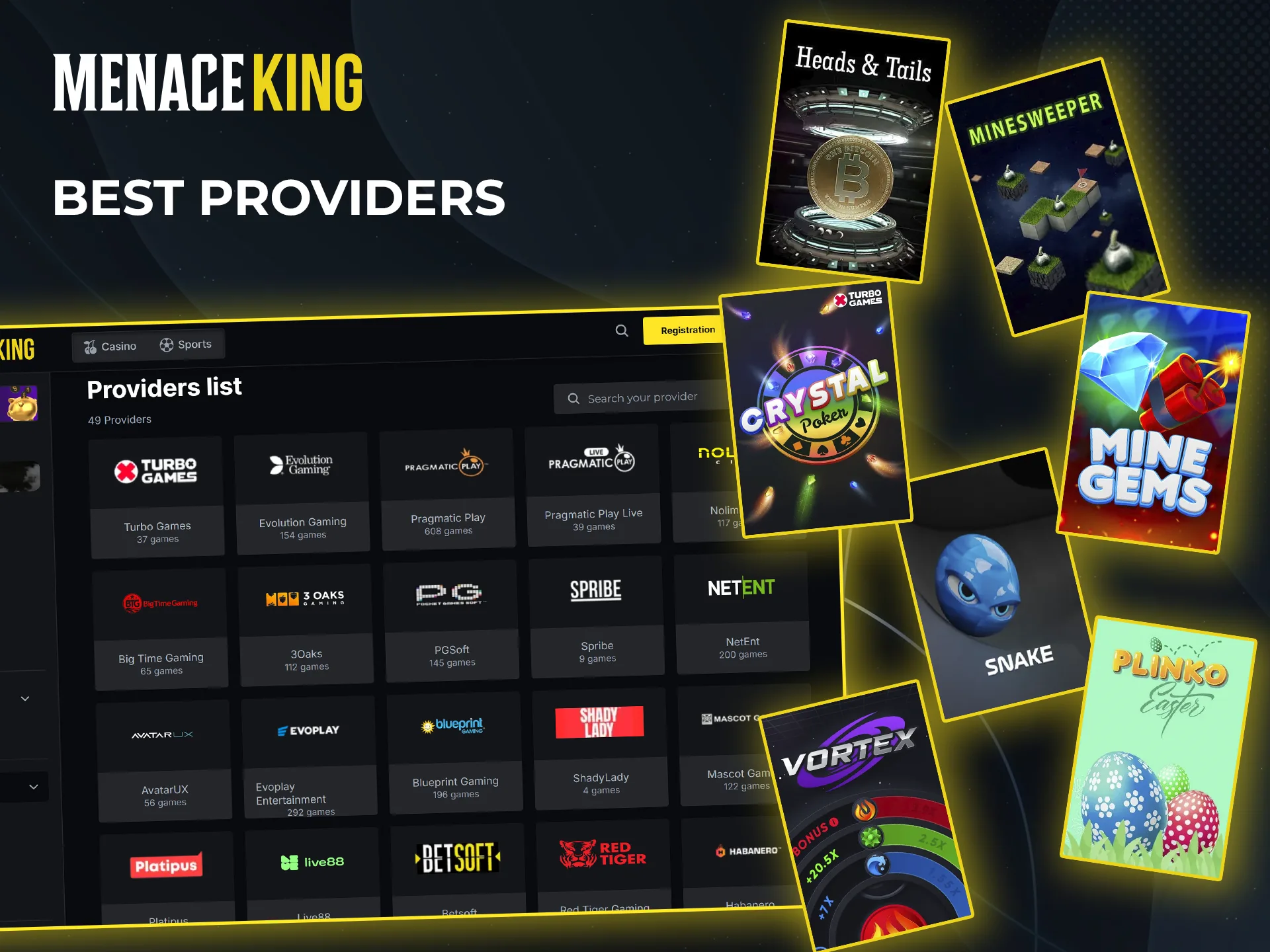 Try games from well-known providers at Menace King Casino.