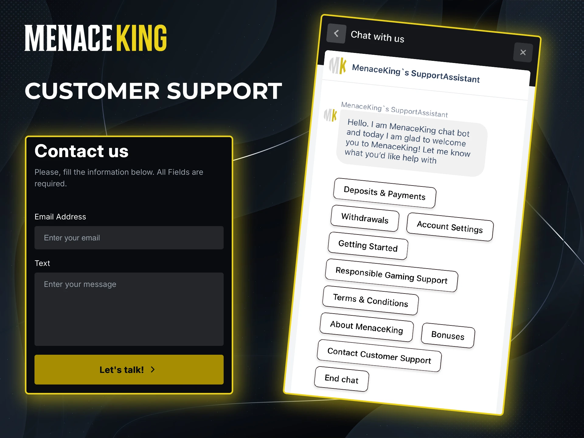 Find out about all the ways you can get in touch with Menace King Casino support.