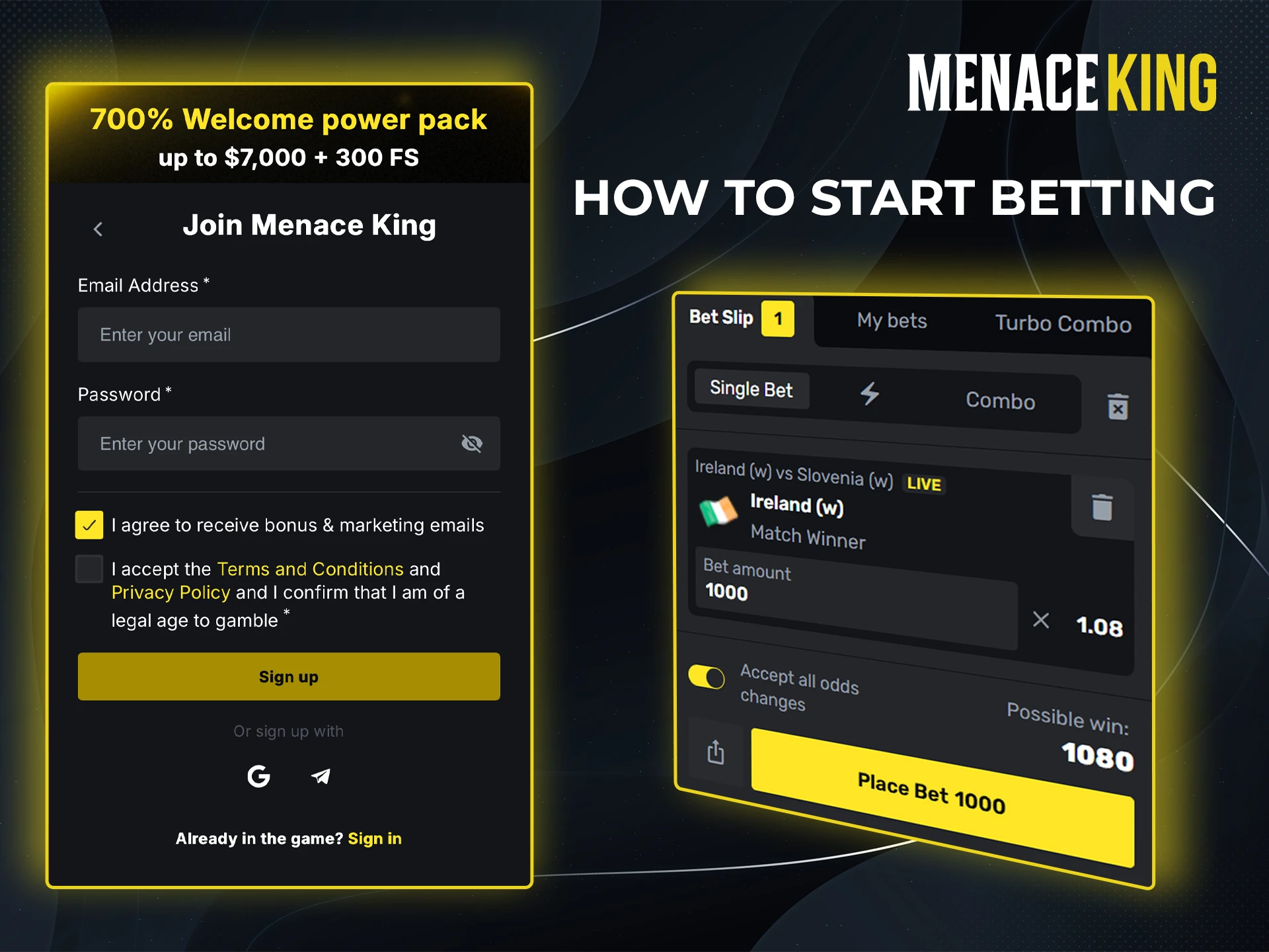 Sign up, claim your bonus and use it when betting on sports at Menace King bookmaker.