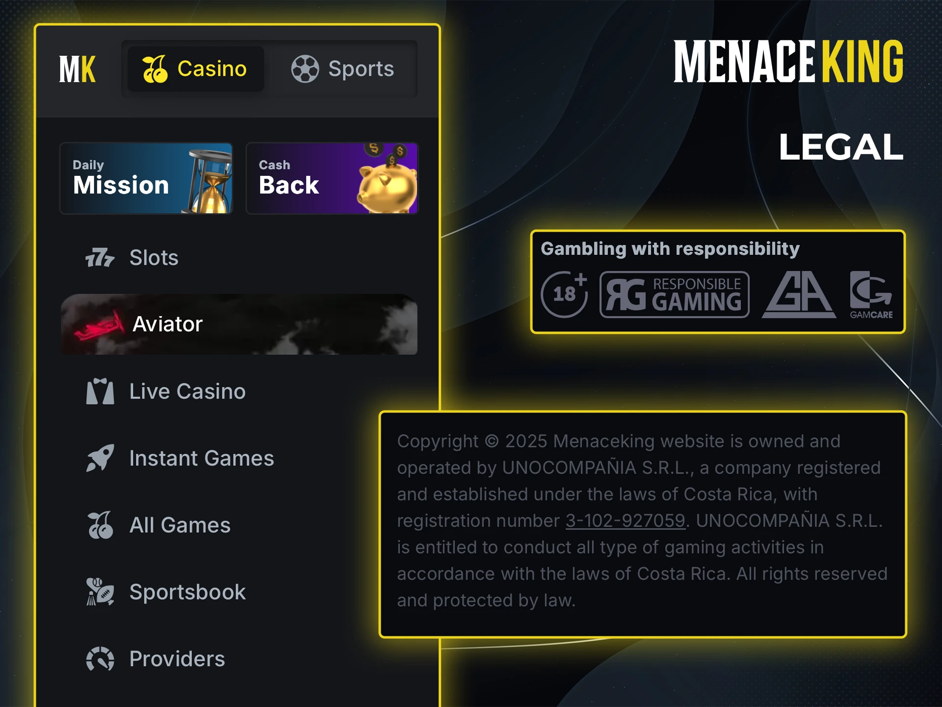 Menace King is an innovative site with a high level of security that has all the necessary licences to operate.