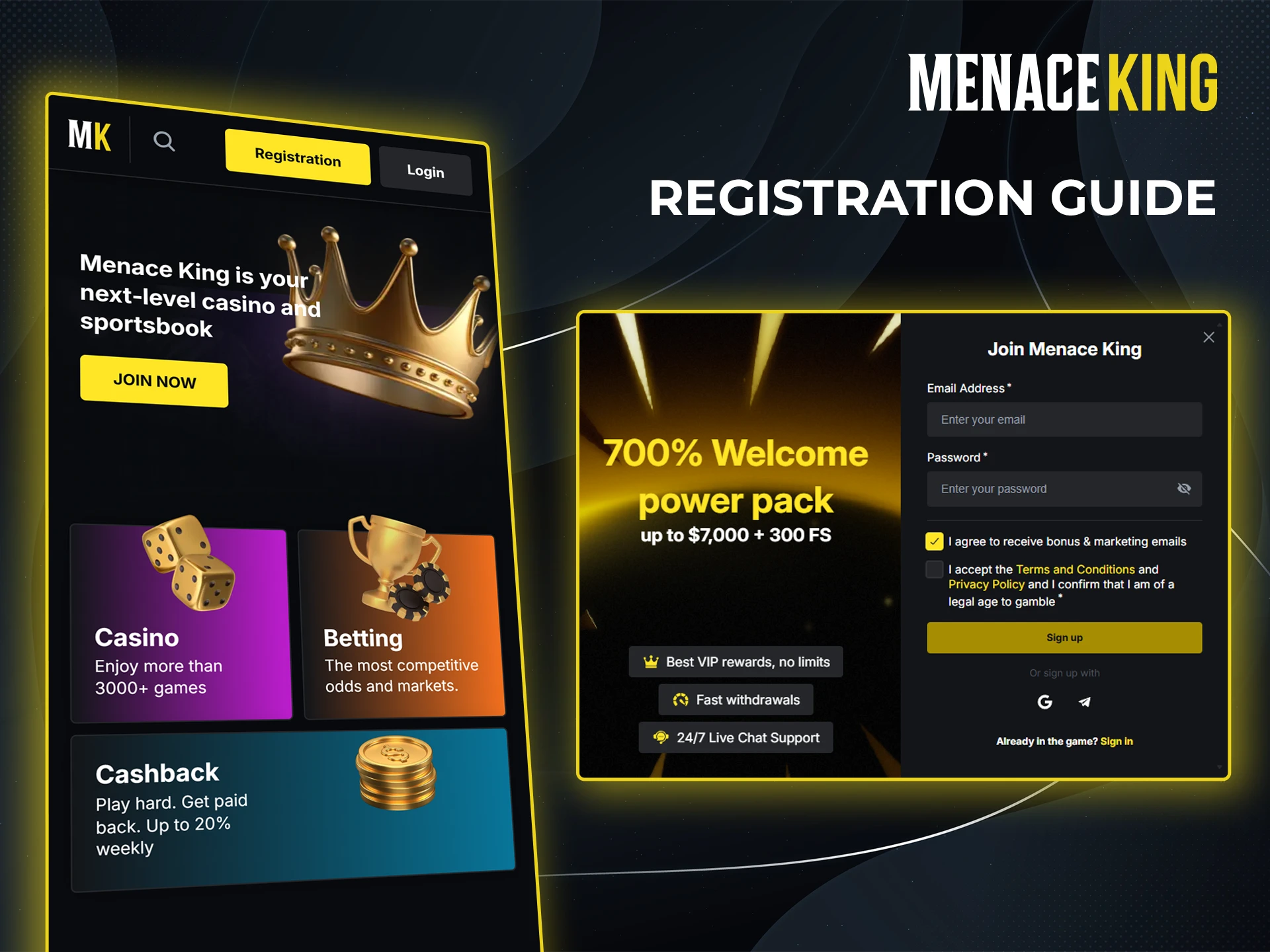 Take a moment to study the instructions on how to sign up at Menace King Casino.