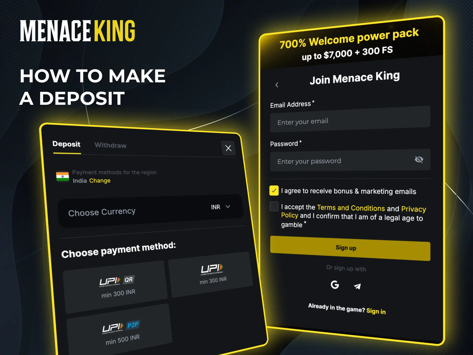 Log in to Menace King, click Deposit, choose a method, and fund your account.