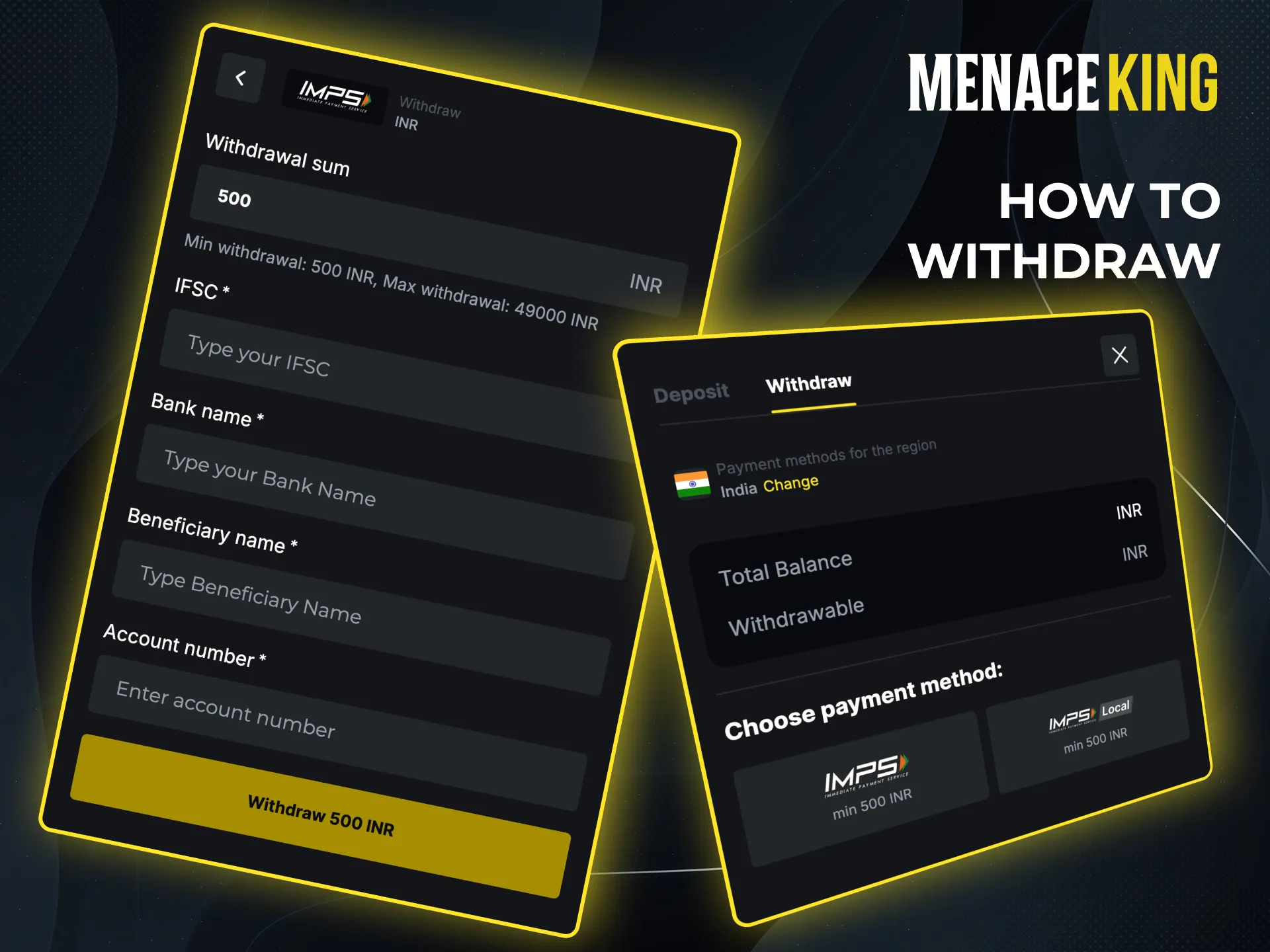 Menace King withdrawal screen showing crypto method, amount, and wallet address.