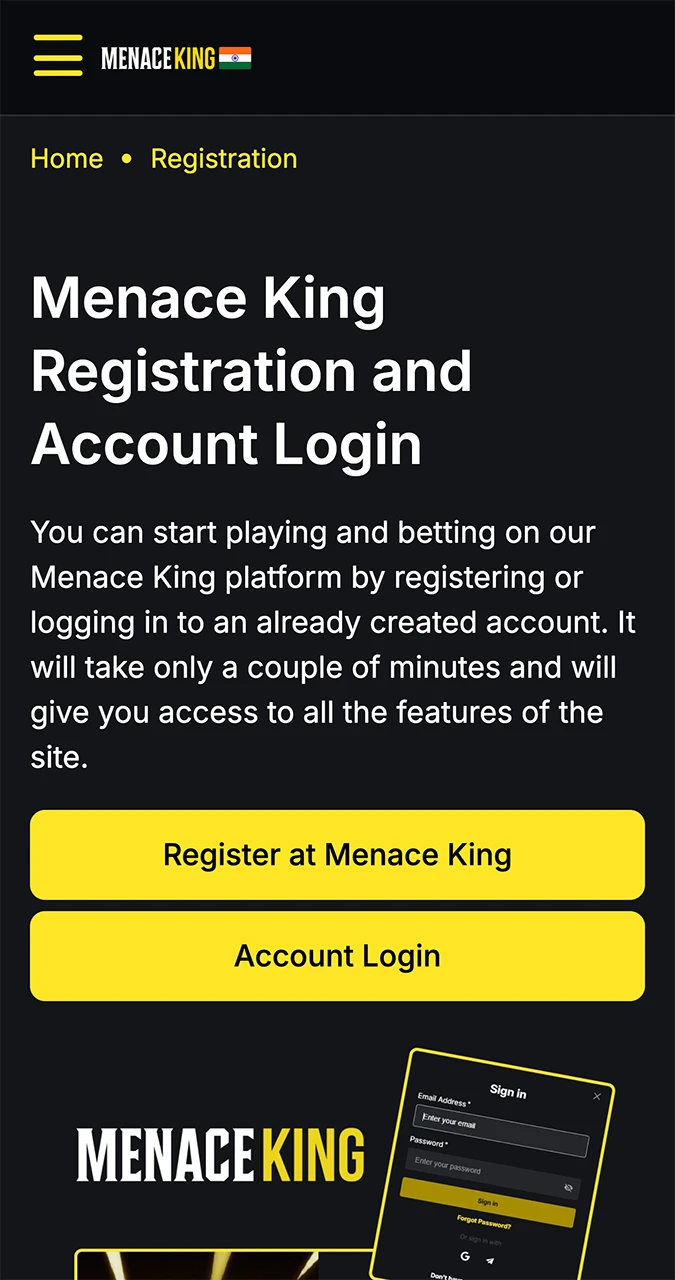 Use the official link to go to and register on the Menace King website.