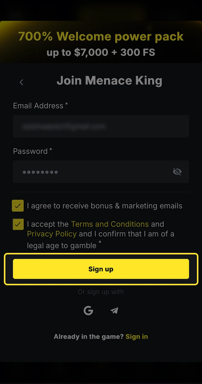 Confirm your participation on the Menace King website.