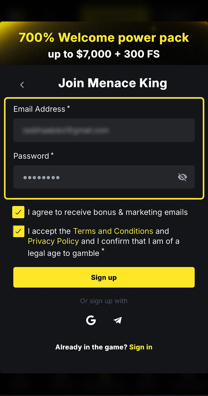 Enter valid details when registering with Menace King.