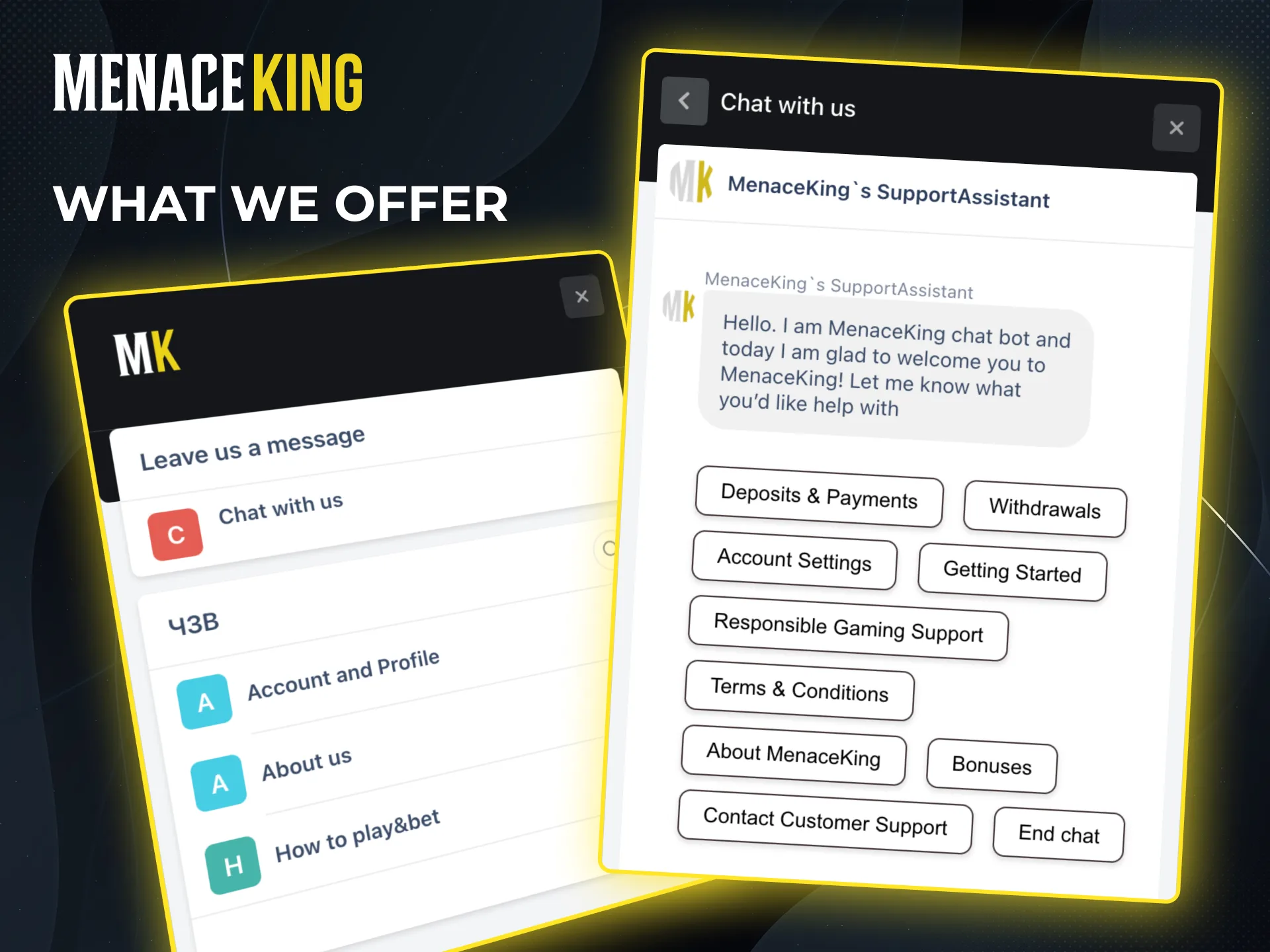 Menace King Live Chat offers quick replies for common questions.